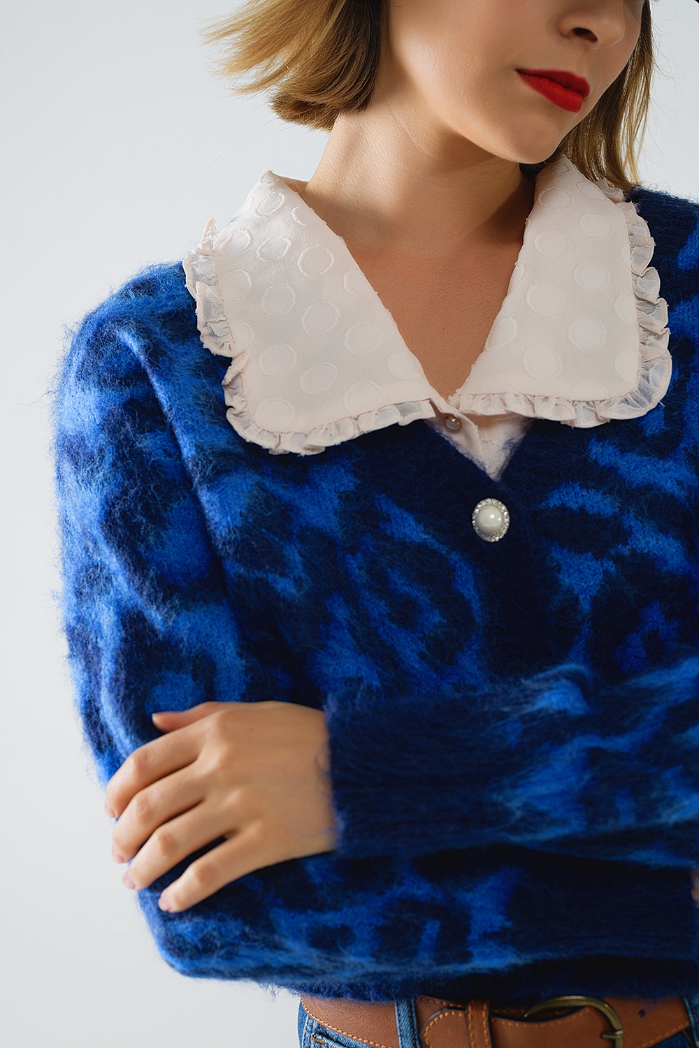 c&aacute;rdigan azul con estampado de leopardo de punto con lana