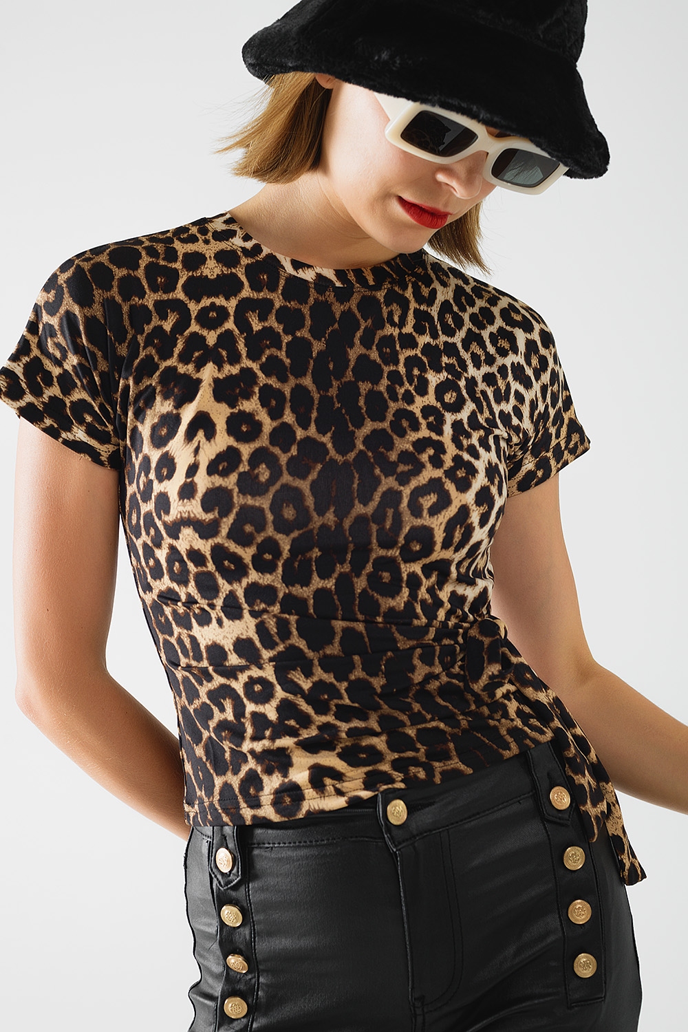 Camiseta de Spandex con estampado de leopardo y detalle de lazo Camiseta de Spandex con estampado de leopardo y detalle de lazo