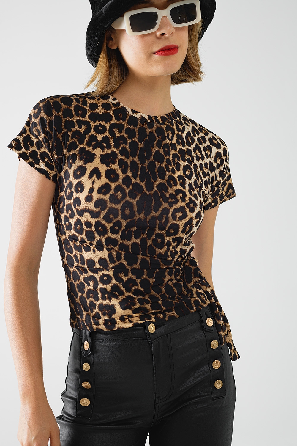 Camiseta de Spandex con estampado de leopardo y detalle de lazo Camiseta de Spandex con estampado de leopardo y detalle de lazo