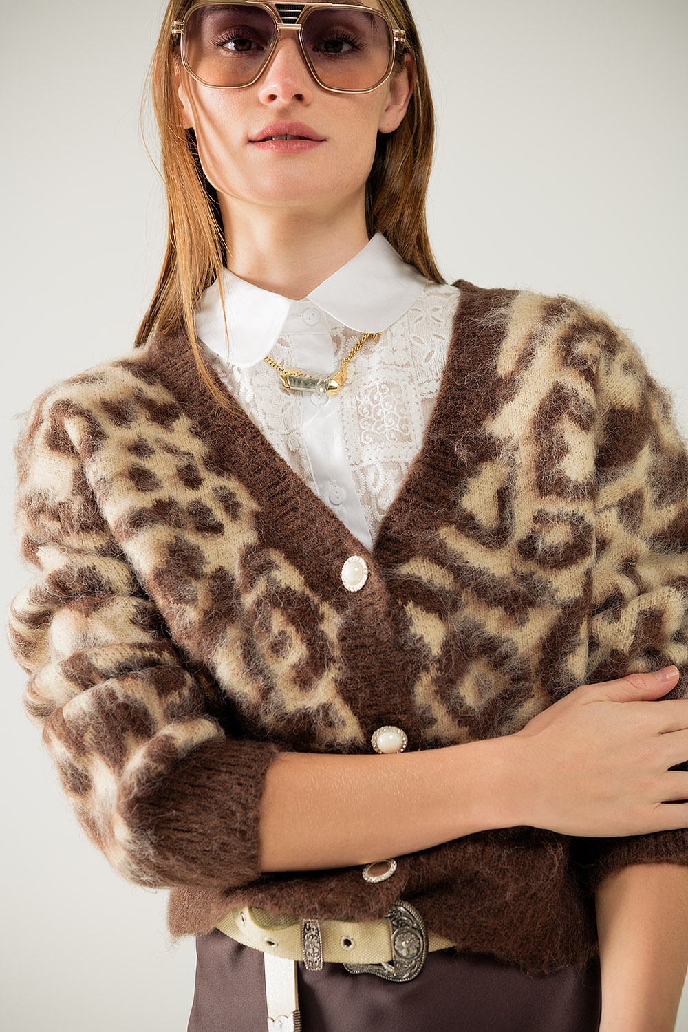 c&aacute;rdigan con estampado de leopardo y lana en beige