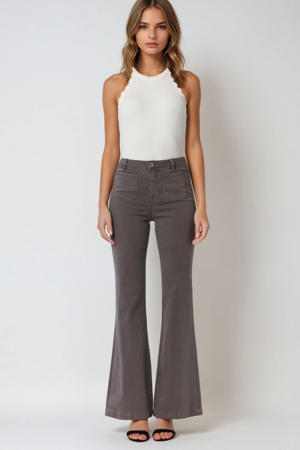Skinny Flared Jeans Gris Oscuro Con Bolsillo Delantero Skinny Flared Jeans Gris Oscuro Con Bolsillo Delantero