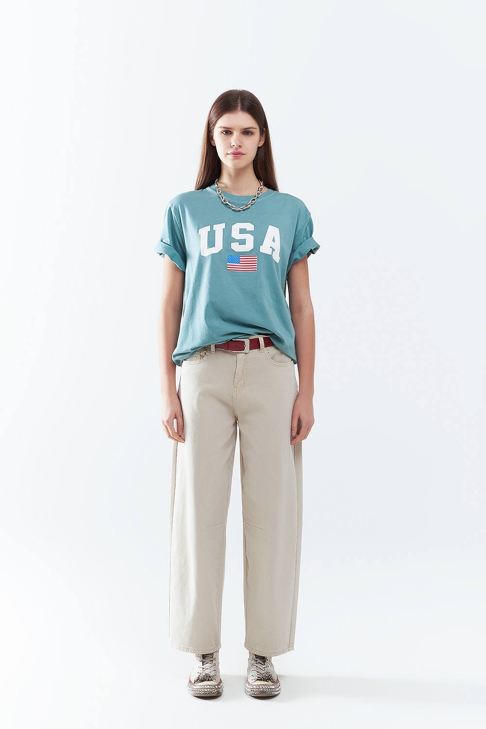 Camiseta larga suelta verde con logotipo de USA Camiseta larga suelta verde con logotipo de USA