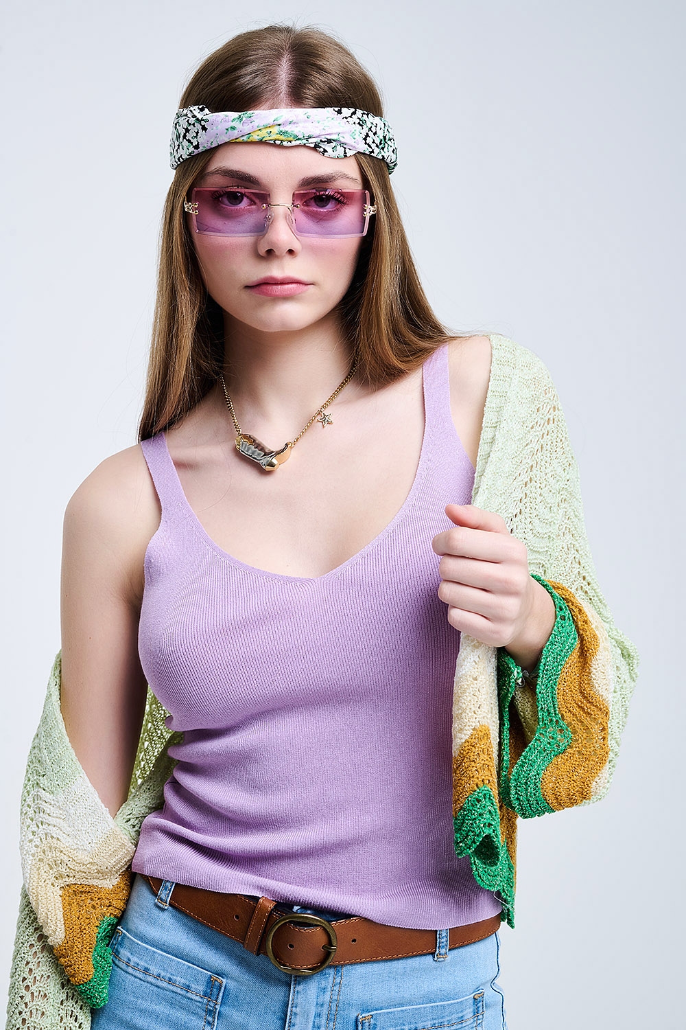Camiseta sin Mangas de Canal&eacute; C&oacute;moda en P&uacute;rpura