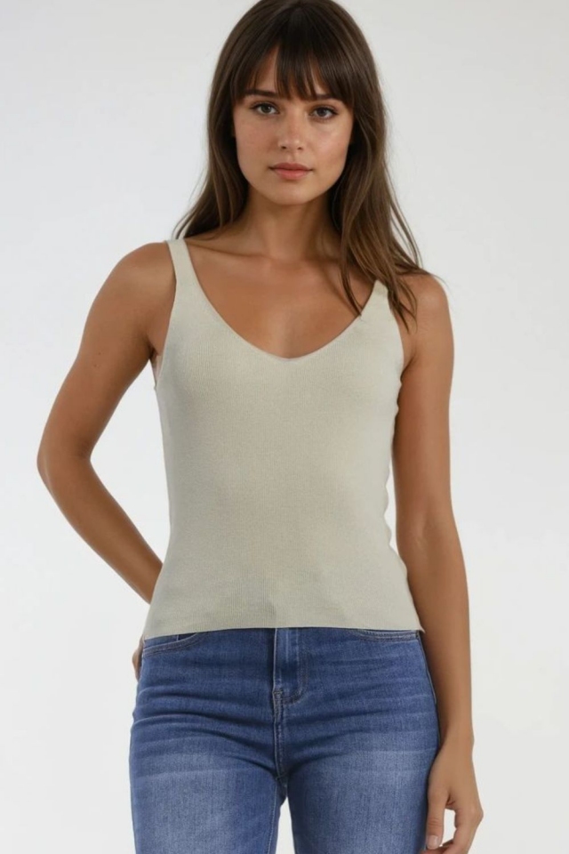 Camiseta de Tirantes Acanalada C&oacute;moda en Beige