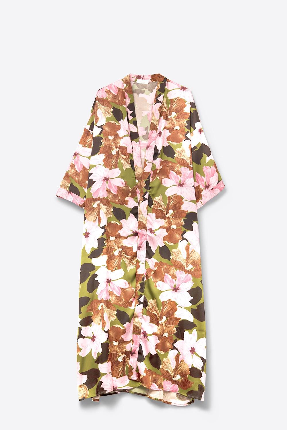 Kimono floral tropical de sat&eacute;n en verde oliva