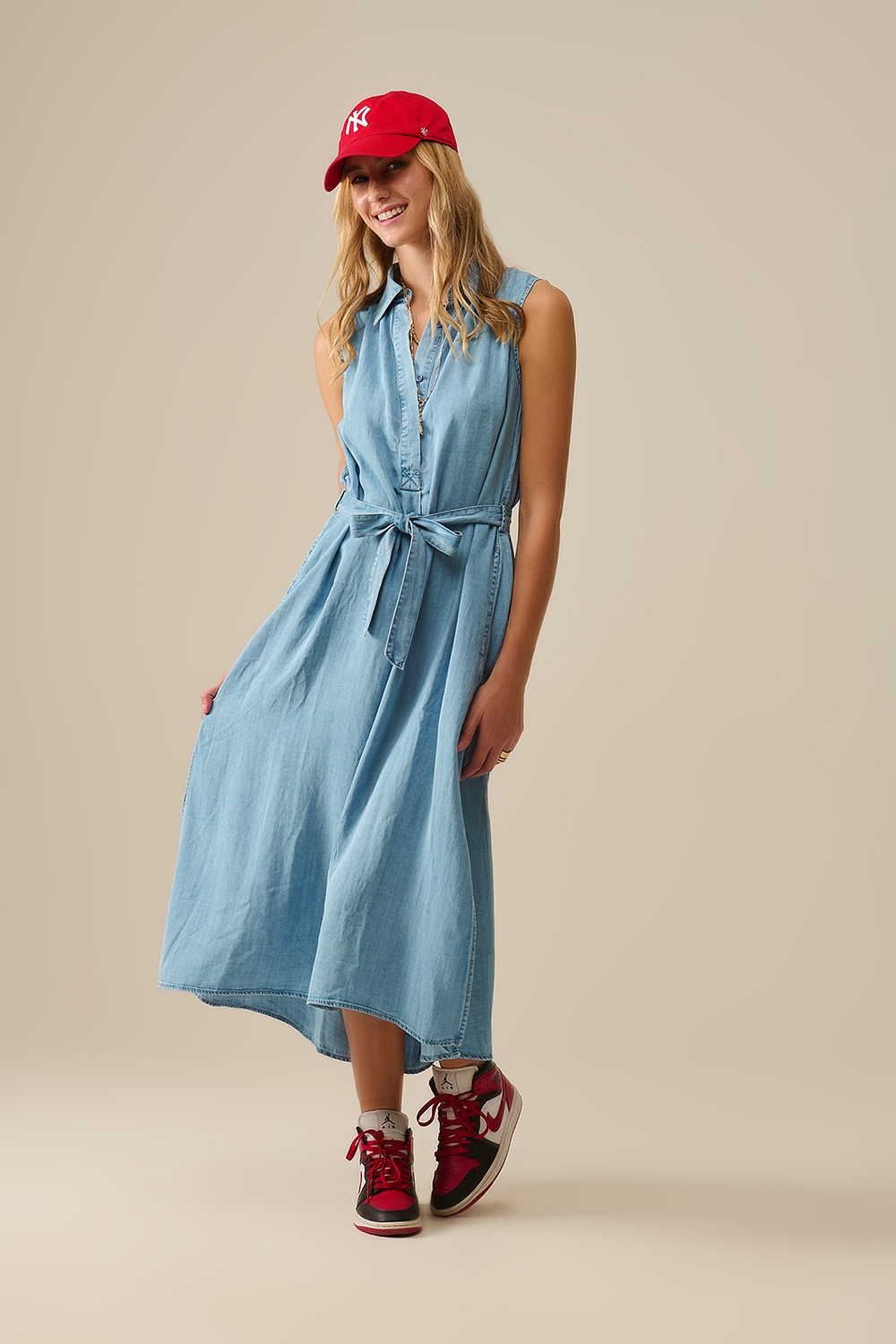 Vestido camisero sin mangas en tejido tencel Azul Vestido camisero sin mangas en tejido tencel Azul