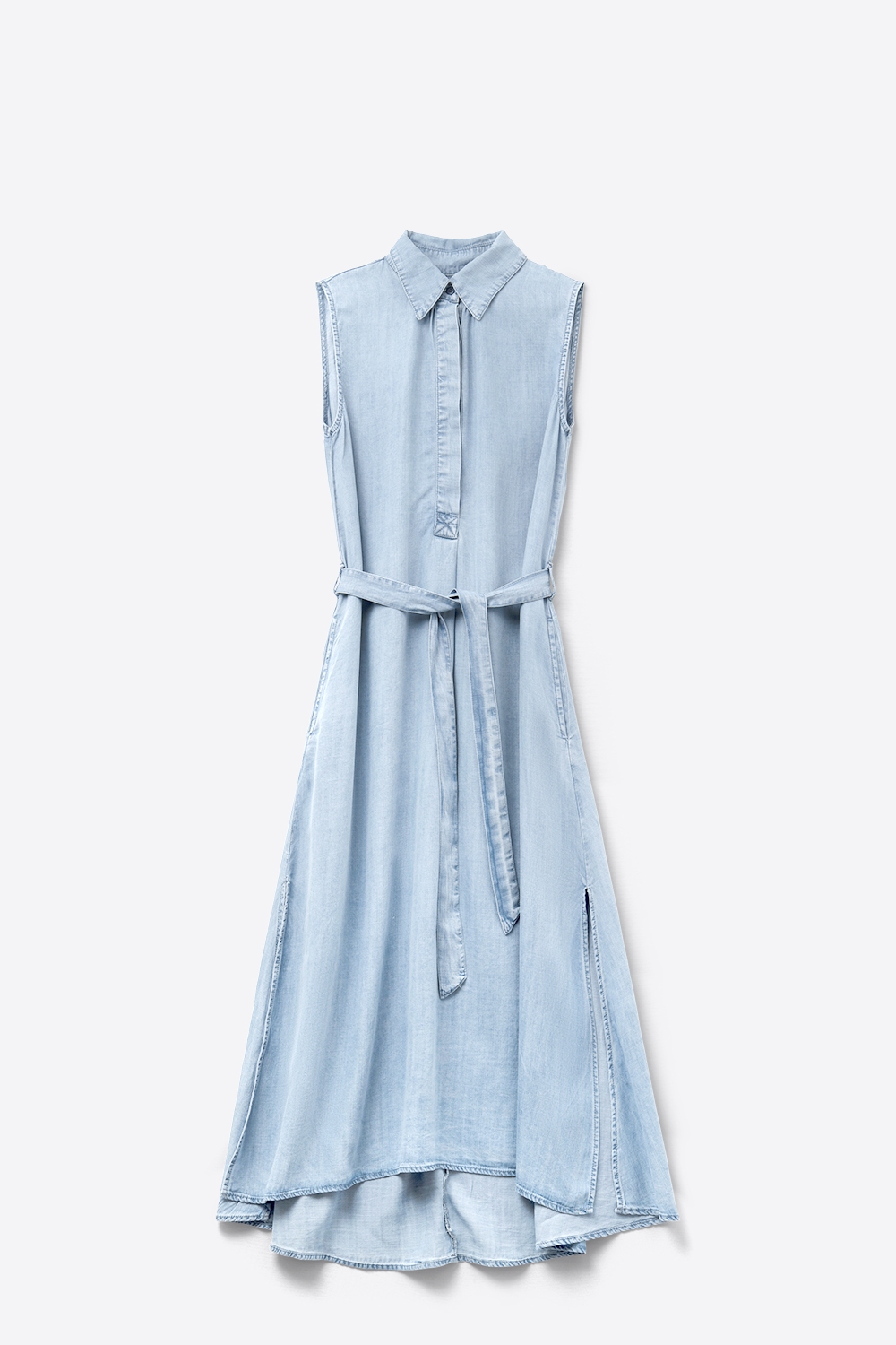 Vestido camisero sin mangas en tejido tencel Azul Vestido camisero sin mangas en tejido tencel Azul