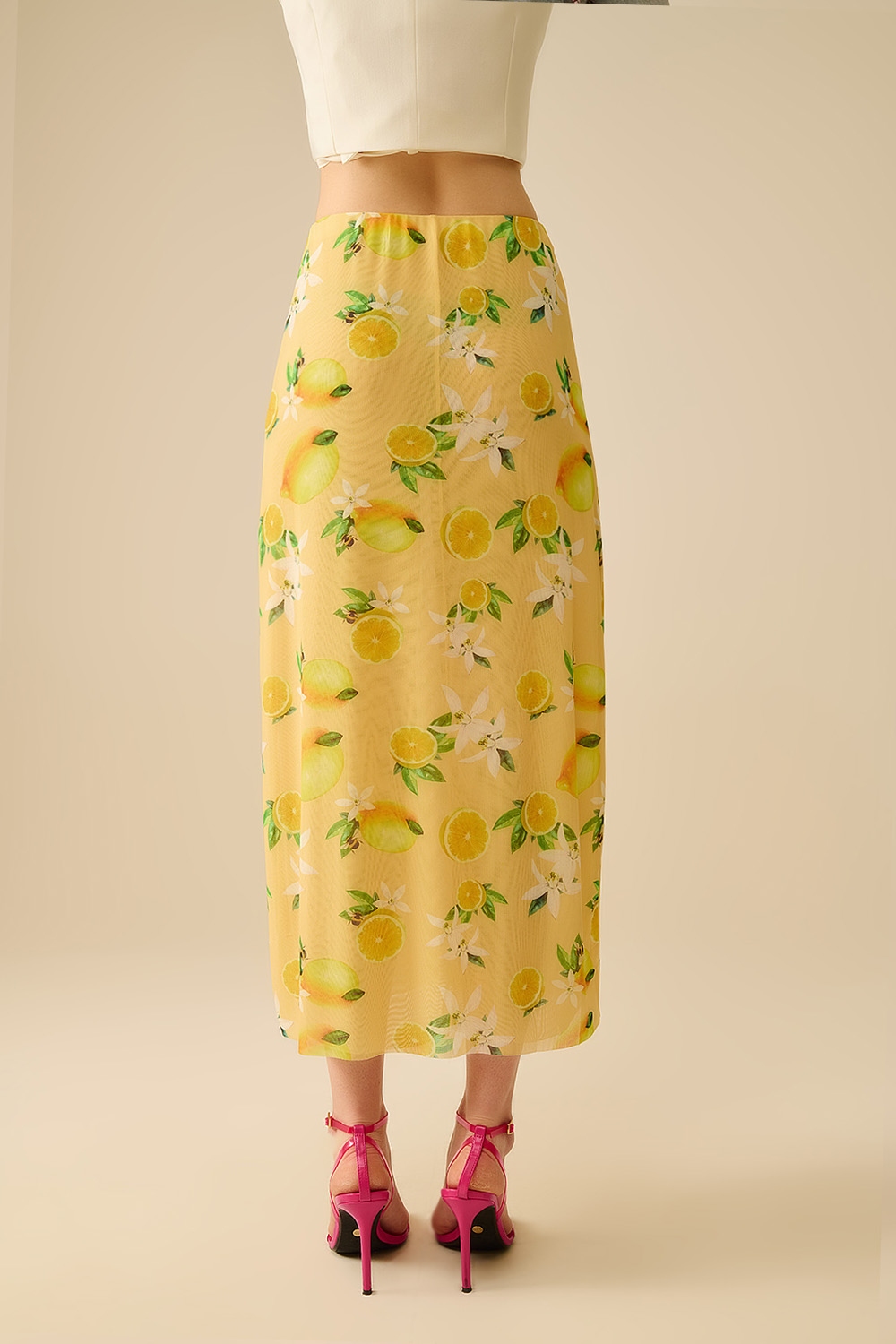 Amarillo Falda midi ajustada con estampado de limón en tejido de malla Amarillo Falda midi ajustada con estampado de limón en tejido de malla