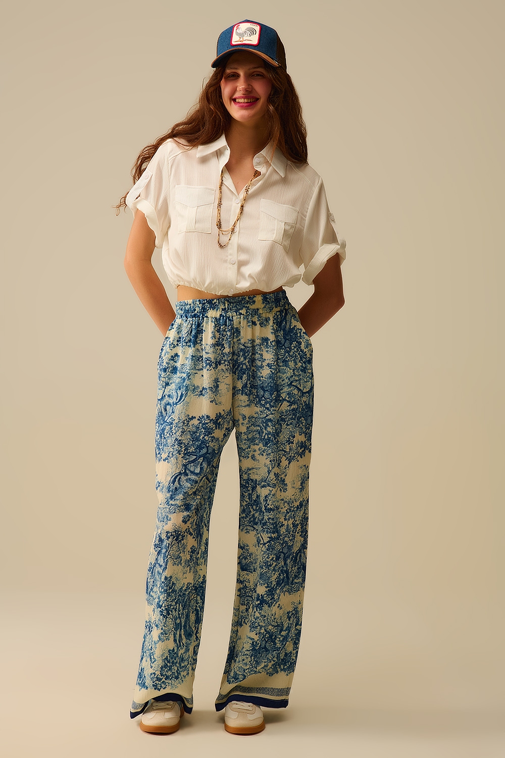 Pantal&oacute;n fluido estampado Toile de Jouy con cintura el&aacute;stica