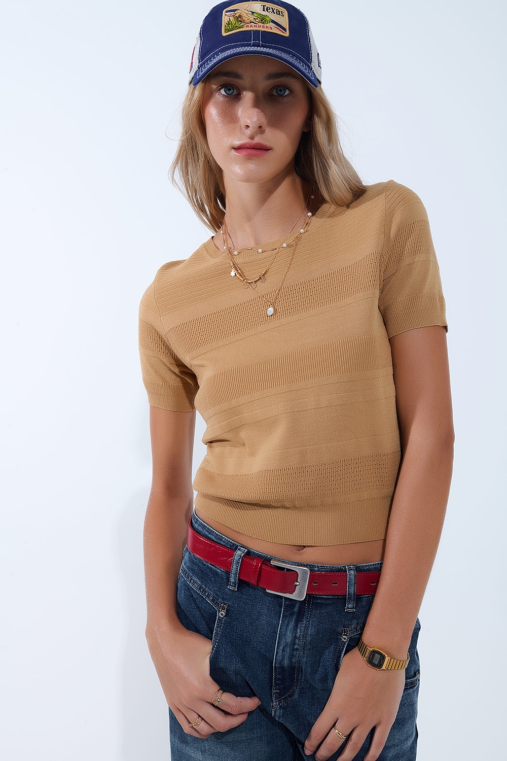 Jersey de punto a rayas texturizado en camel