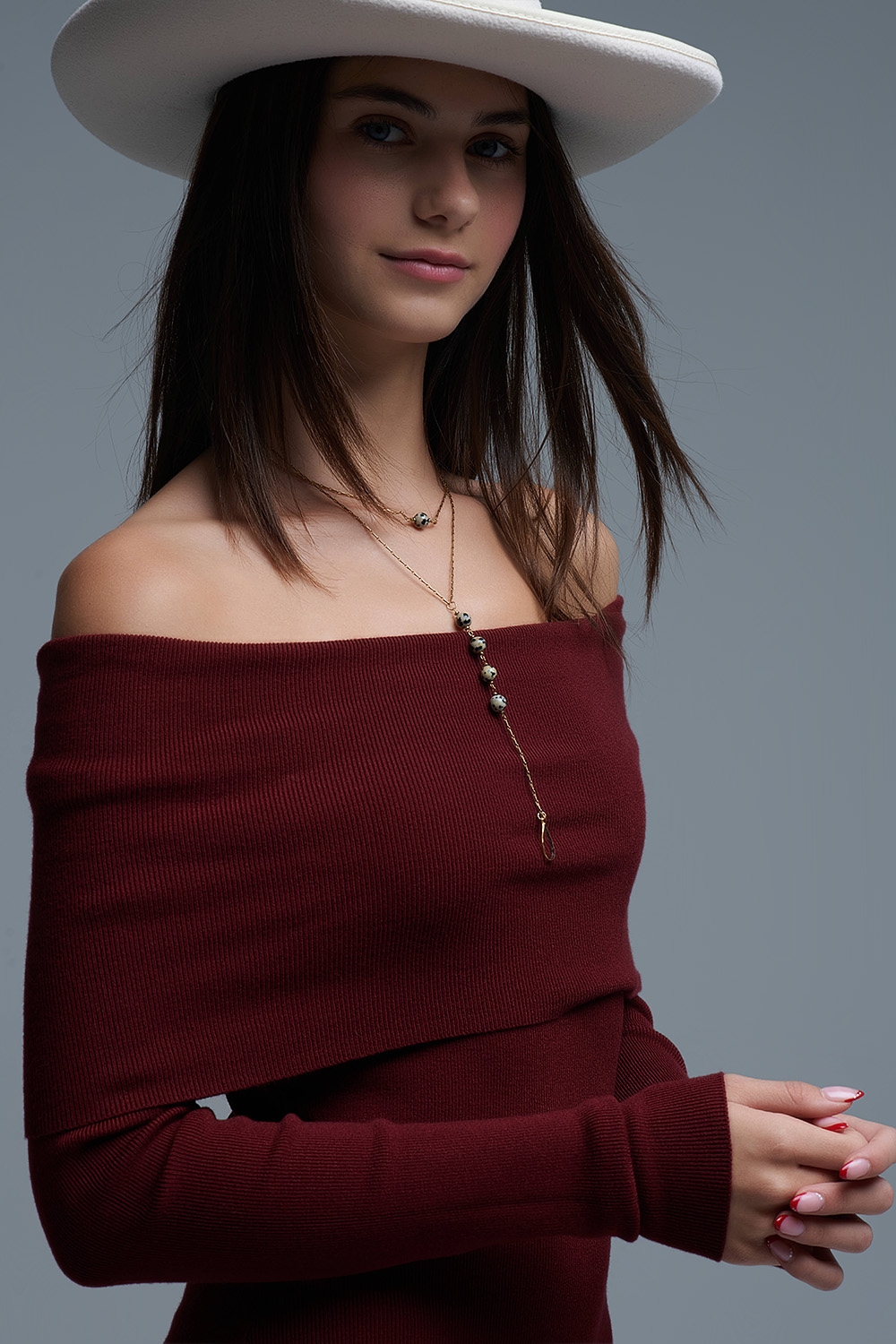 Maxi Vestido Bardot ancho de punto en burdeos
