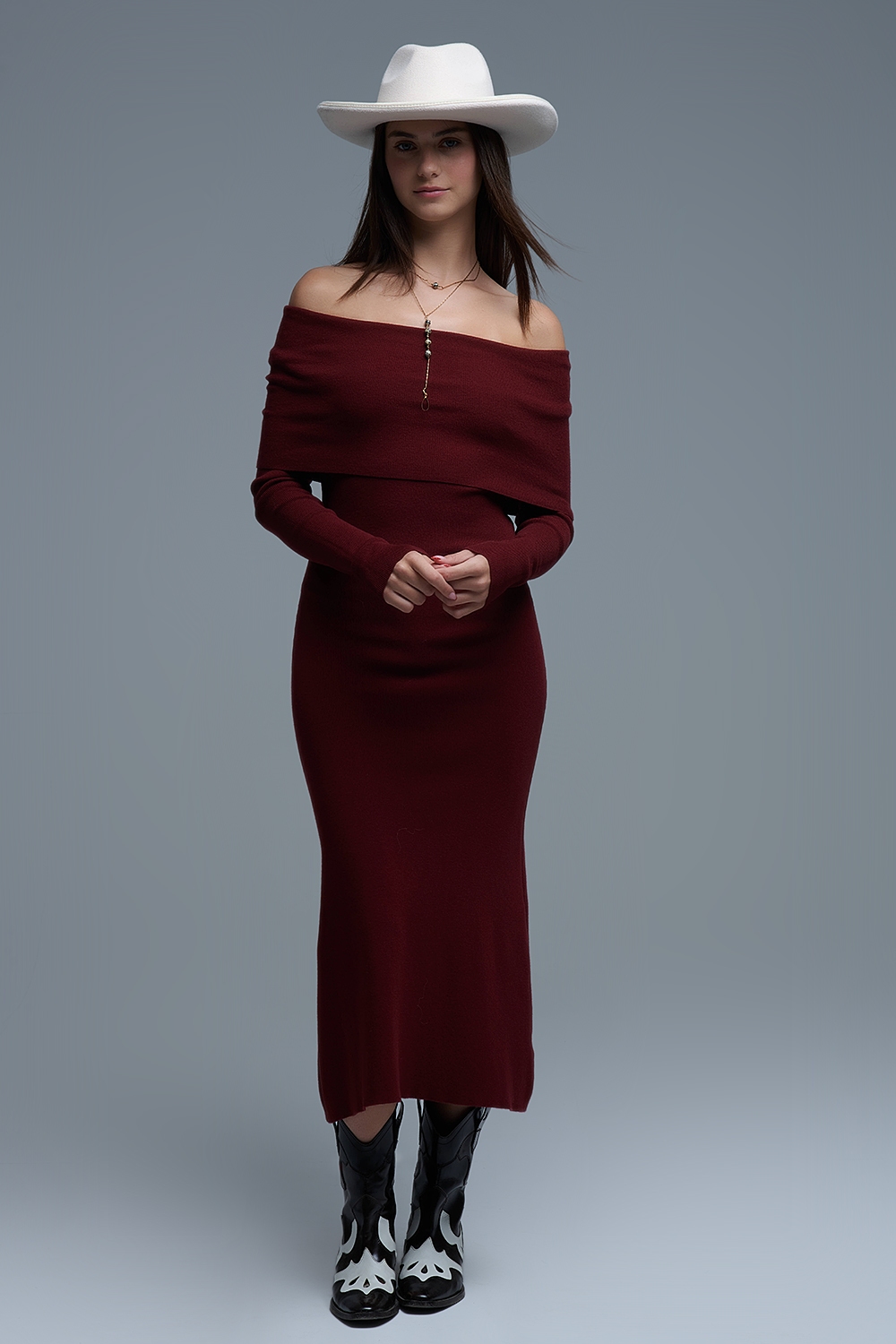 Maxi Vestido Bardot ancho de punto en burdeos