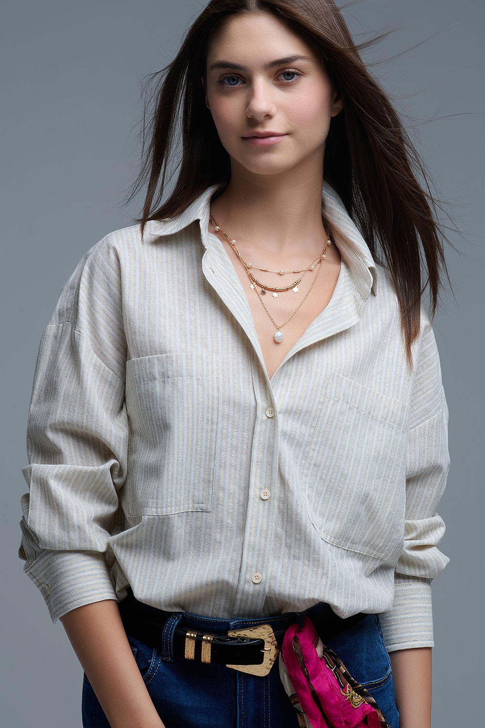 Camisa relajada a rayas con bolsillos sobredimensionados en el pecho Camisa relajada a rayas con bolsillos sobredimensionados en el pecho