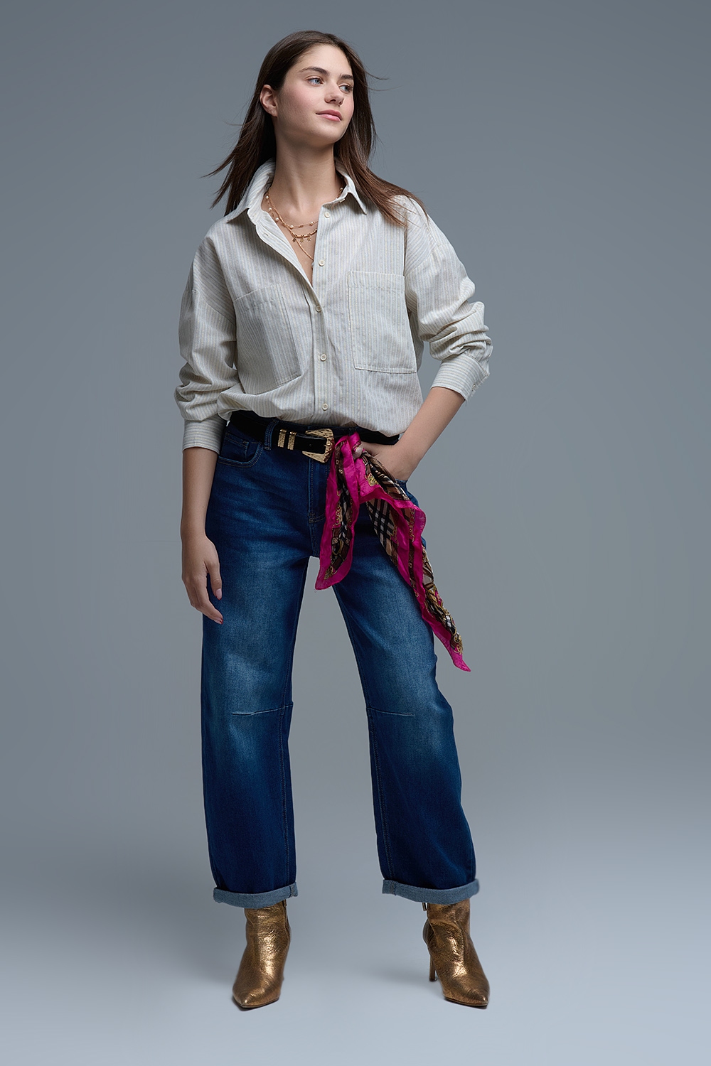 Camisa relajada a rayas con bolsillos sobredimensionados en el pecho Camisa relajada a rayas con bolsillos sobredimensionados en el pecho