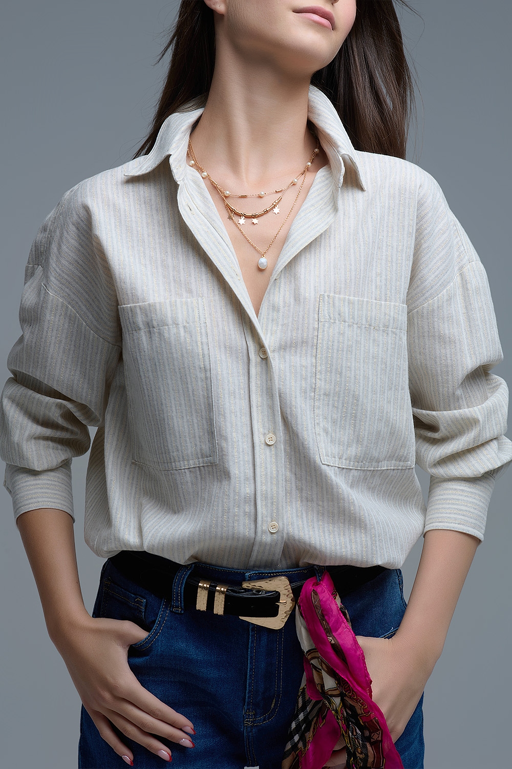 Camisa relajada a rayas con bolsillos sobredimensionados en el pecho Camisa relajada a rayas con bolsillos sobredimensionados en el pecho