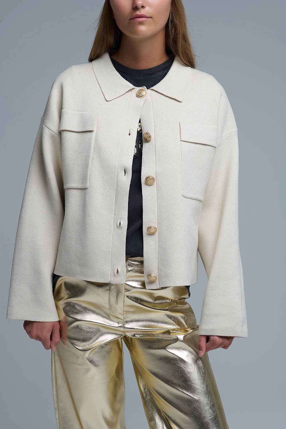 Chaqueta formal de punto relajada con bolsillos en el pecho en beige Chaqueta formal de punto relajada con bolsillos en el pecho en beige