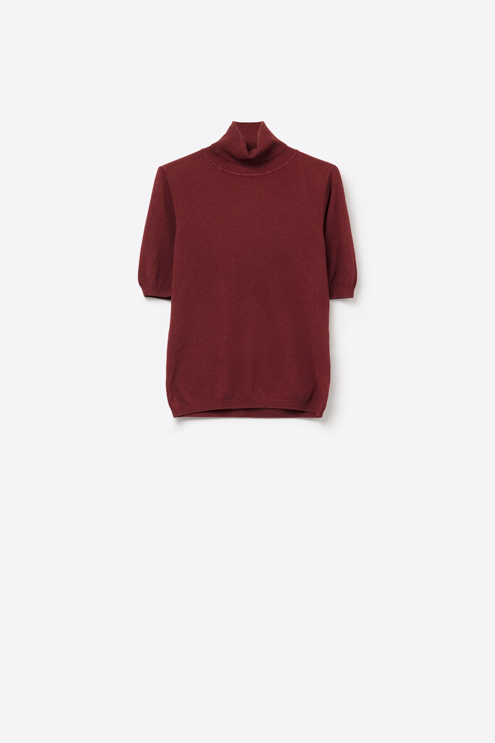 Su&eacute;ter de Manga Corta de Punto Fino Burdeos con Cuello Alto