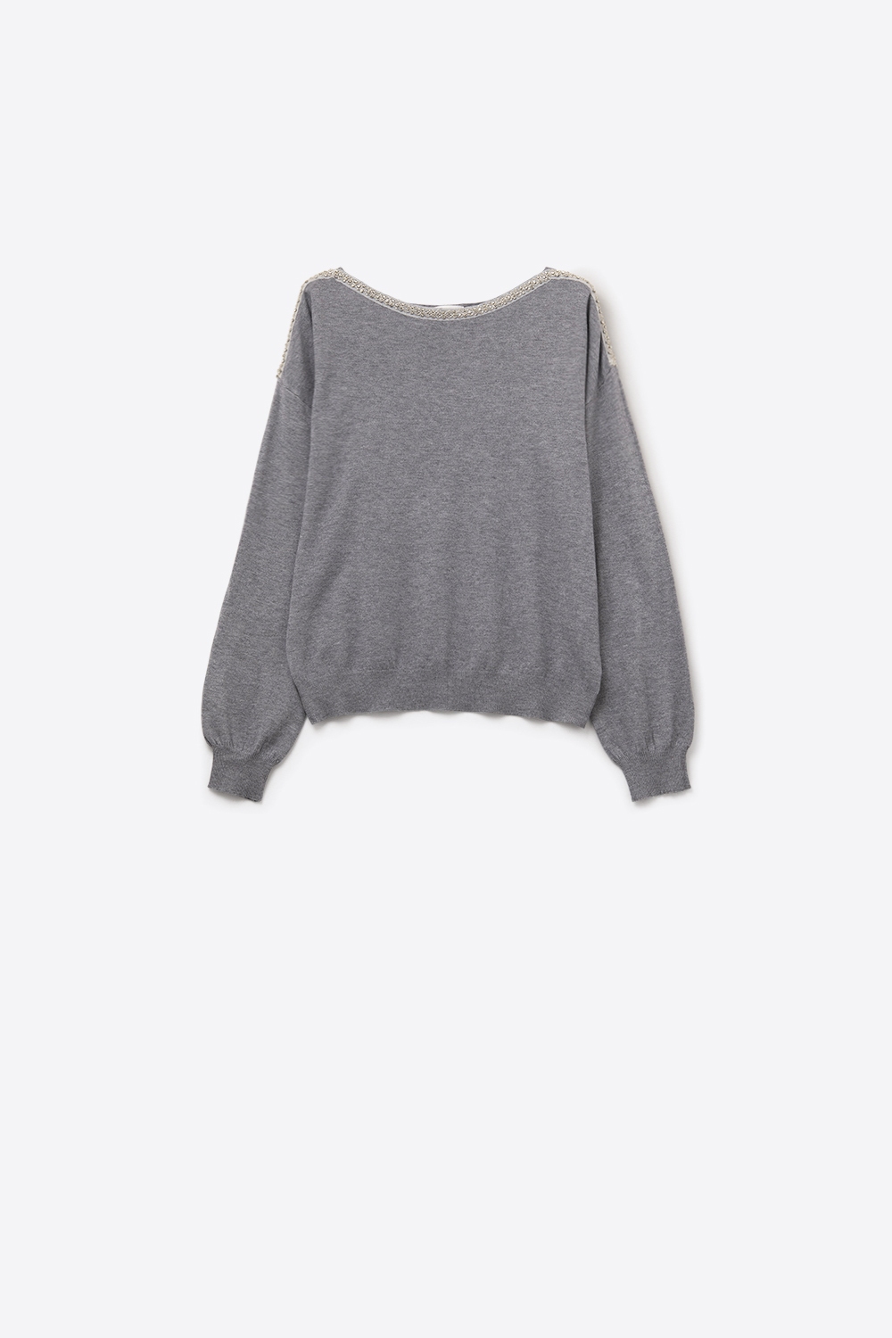 jersey gris de punto fino con cuello barco y detalle de strass jersey gris de punto fino con cuello barco y detalle de strass