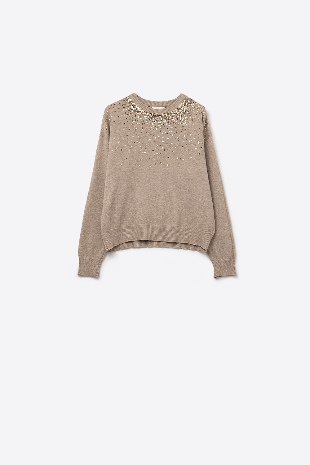 Jersey de punto suave beige adornado con lentejuelas en la parte delantera