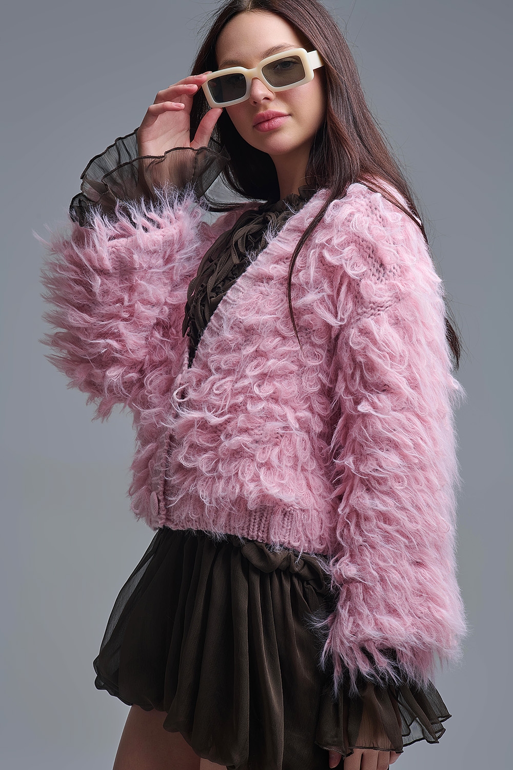 Chaqueta de punto mullida estilo shag en rosa Chaqueta de punto mullida estilo shag en rosa