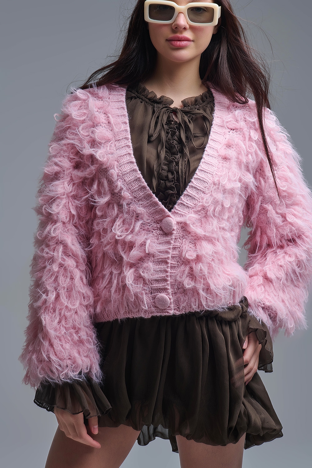Chaqueta de punto mullida estilo shag en rosa Chaqueta de punto mullida estilo shag en rosa