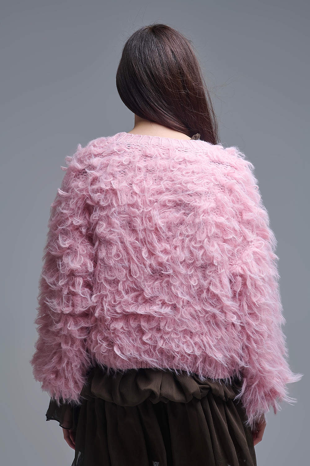 Chaqueta de punto mullida estilo shag en rosa Chaqueta de punto mullida estilo shag en rosa