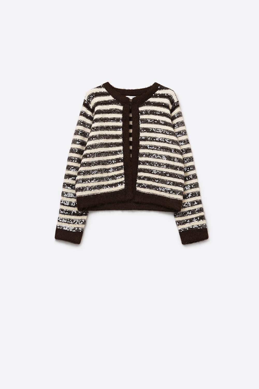 Chaqueta de rayas con detalle de lentejuelas en marr&oacute;n y crema