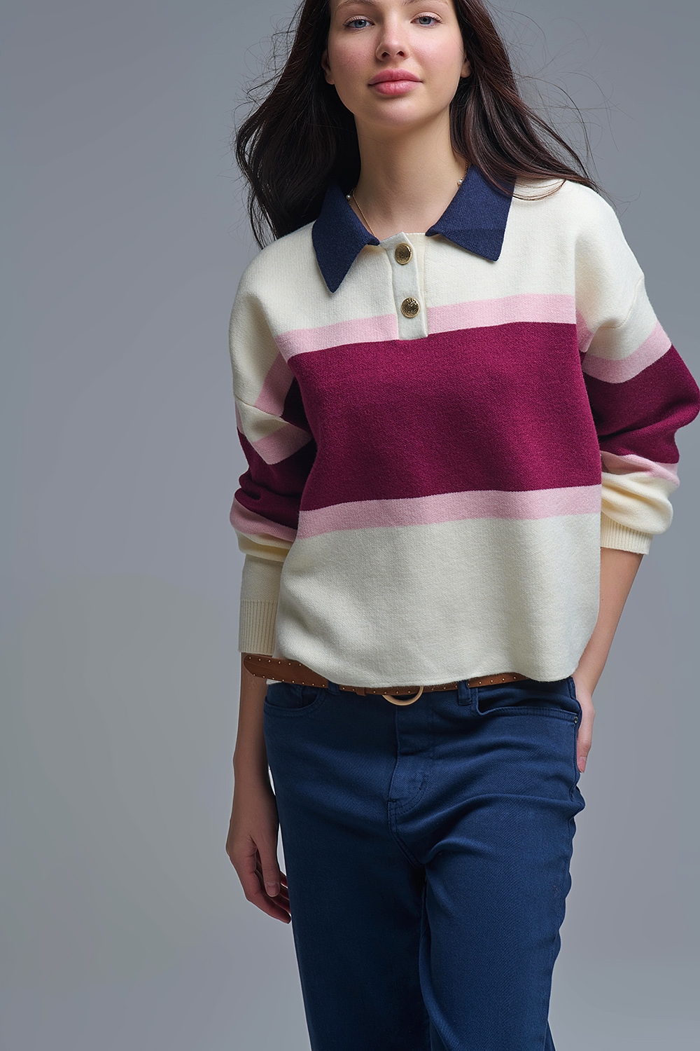 Jersey de punto a rayas granate con detalles de botones