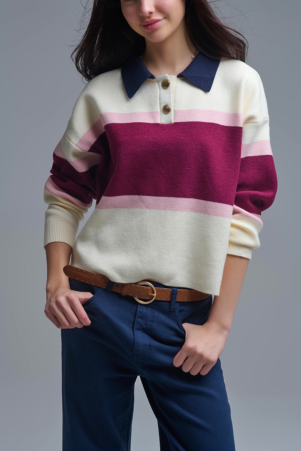 Jersey de punto a rayas granate con detalles de botones