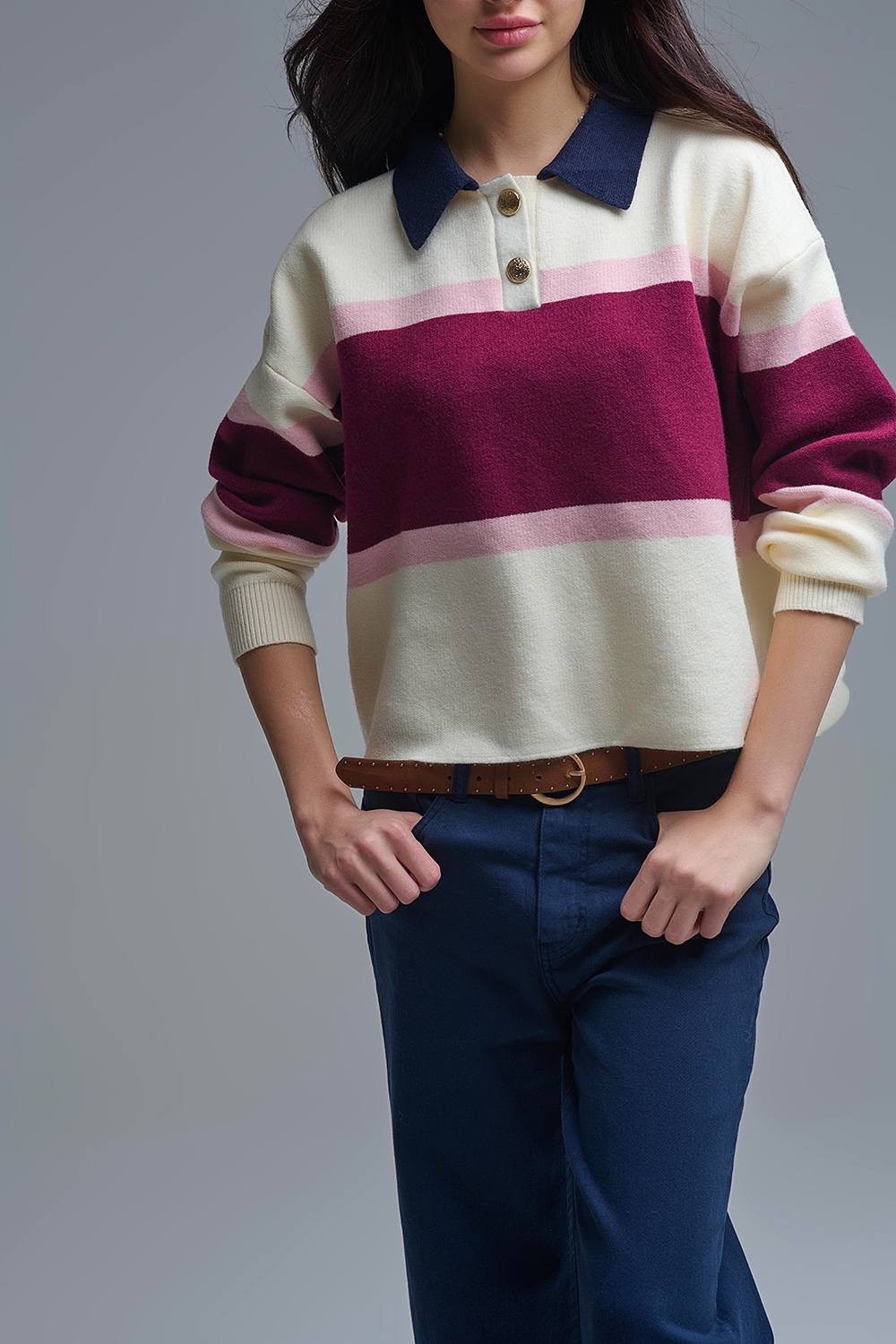 Jersey de punto a rayas granate con detalles de botones