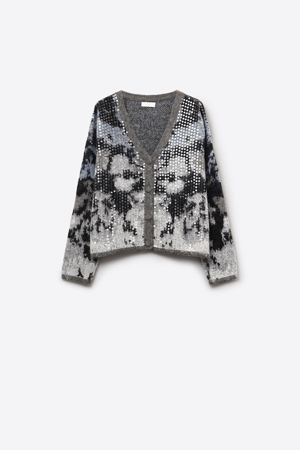 Elegante chaqueta de punto gris con estampado abstracto de lentejuelas Elegante chaqueta de punto gris con estampado abstracto de lentejuelas