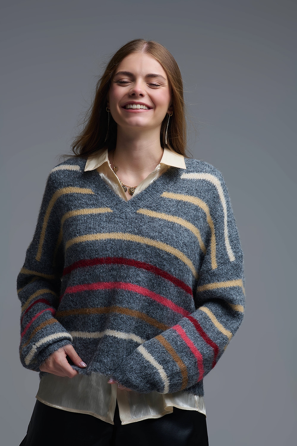 Jersey gris oversize de rayas multicolor