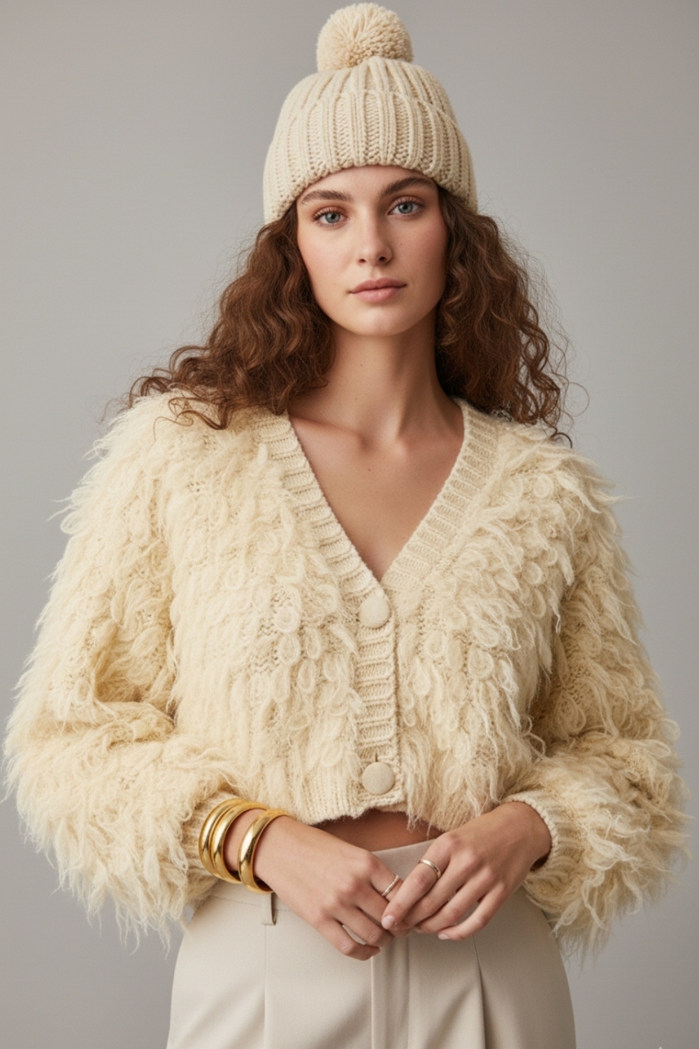Chaqueta de punto mullida estilo shag en color crudo