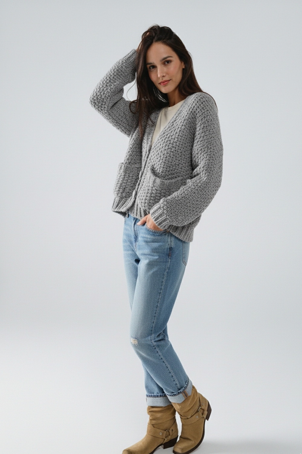 Chaqueta oversize de punto grueso gris con bolsillos Chaqueta oversize de punto grueso gris con bolsillos