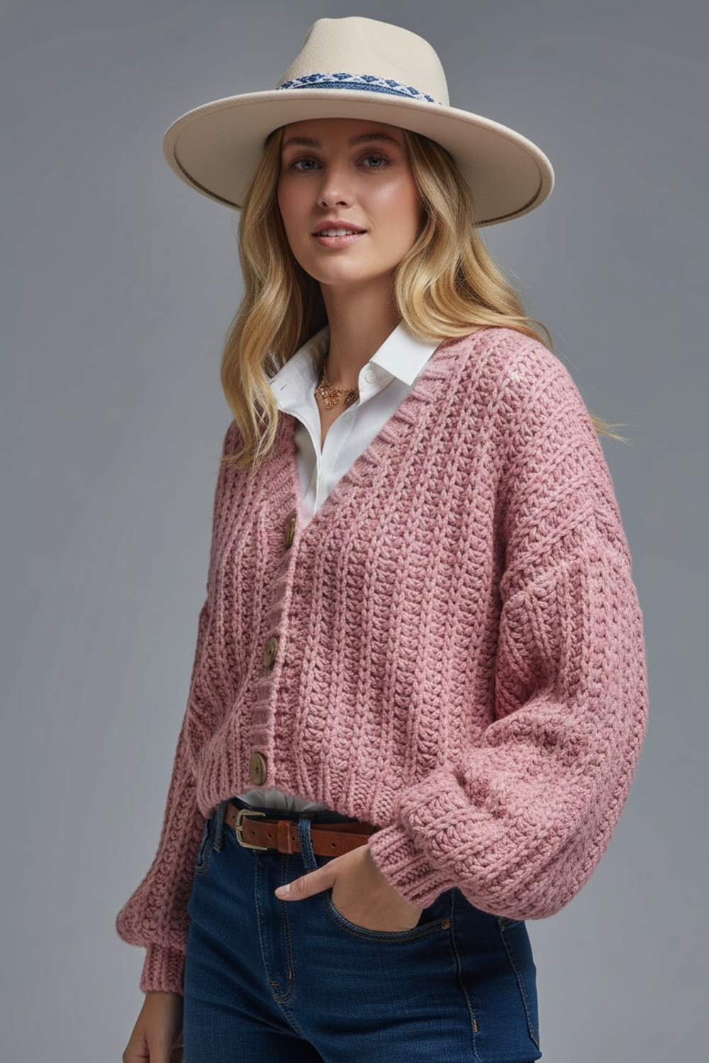 Chaqueta abierta de punto grueso en rosa con mangas relajadas