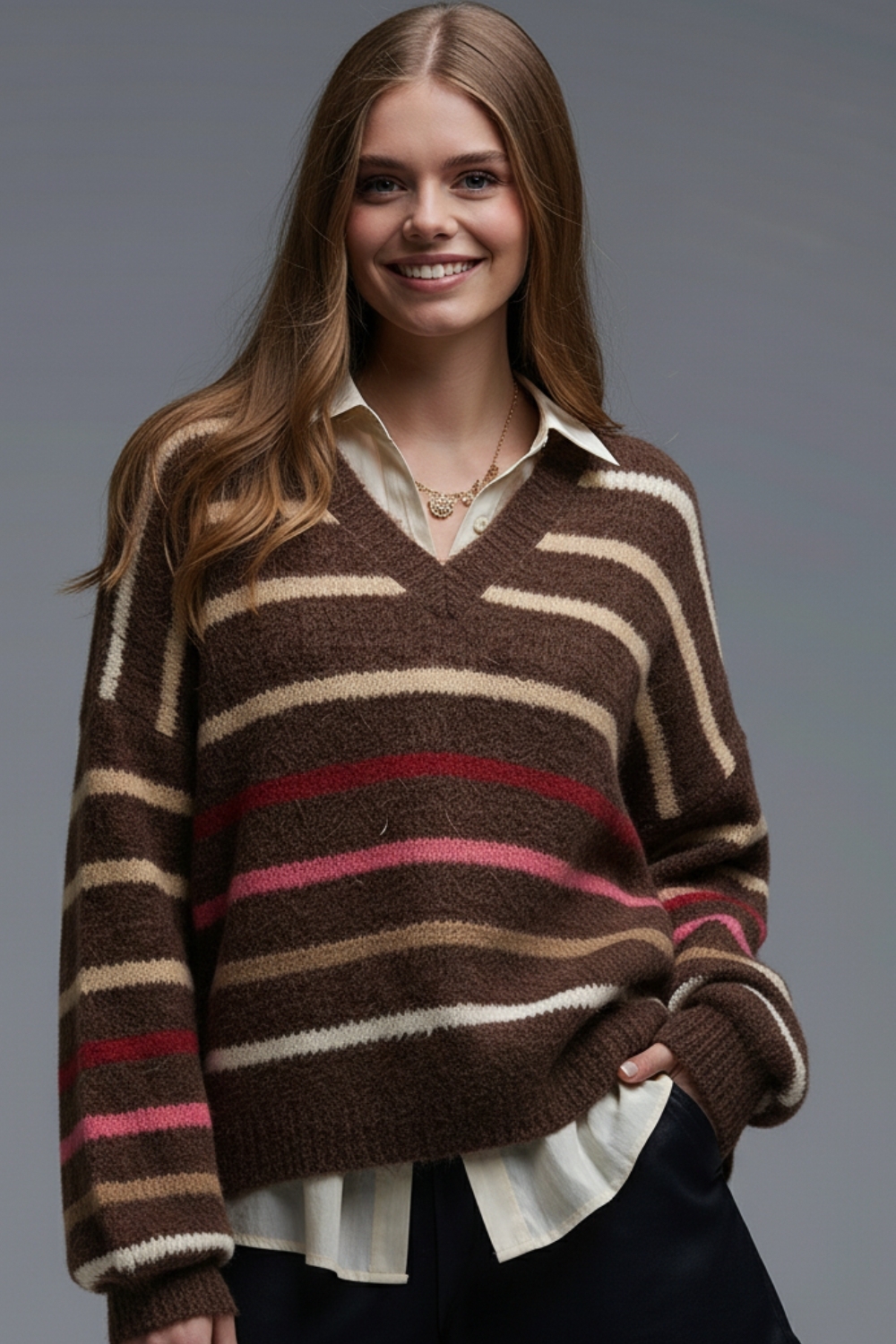 Jersey de rayas multicolor marr&oacute;n oversize