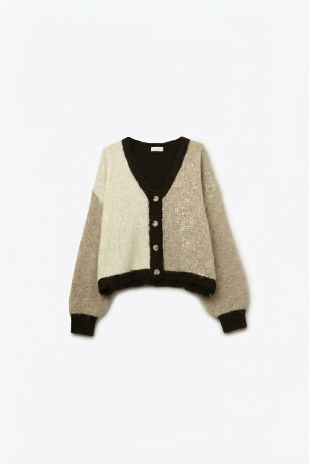 Cárdigan con cuello en V y lentejuelas en colores beige y marrón Cárdigan con cuello en V y lentejuelas en colores beige y marrón