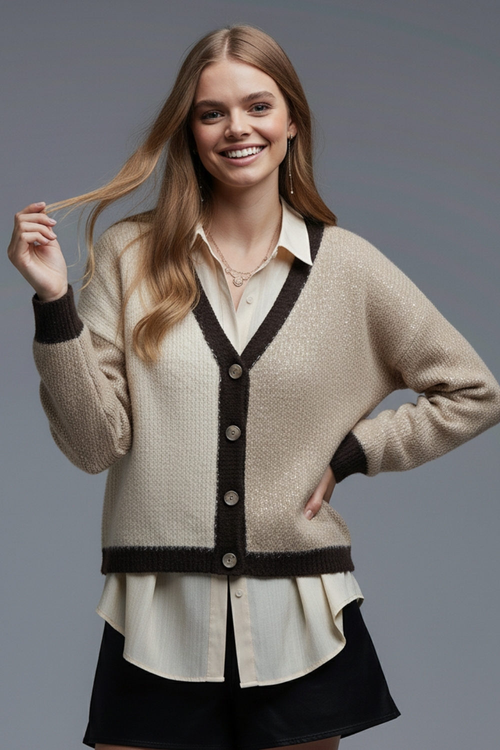 Cárdigan con cuello en V y lentejuelas en colores beige y marrón Cárdigan con cuello en V y lentejuelas en colores beige y marrón