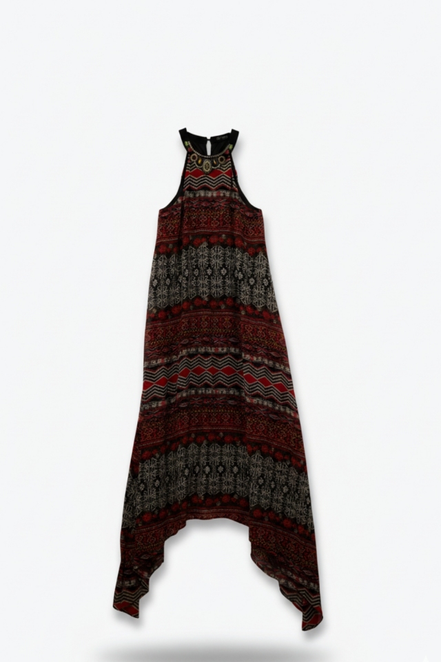 Vestido rojo boho midi con estampado tribal