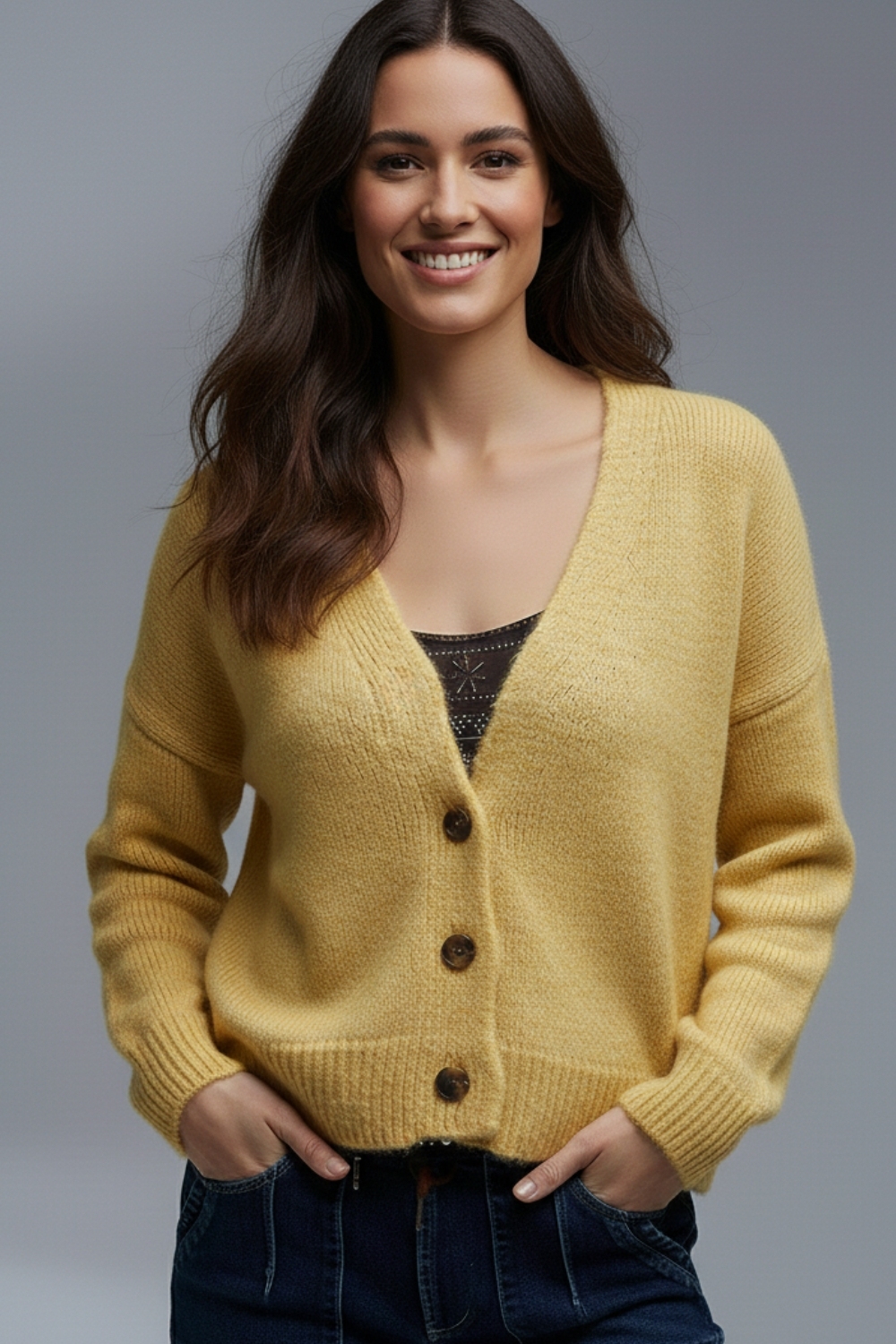 Cuello en V Basic amarillo Chaqueta abotonada de punto mullido Cuello en V Basic amarillo Chaqueta abotonada de punto mullido