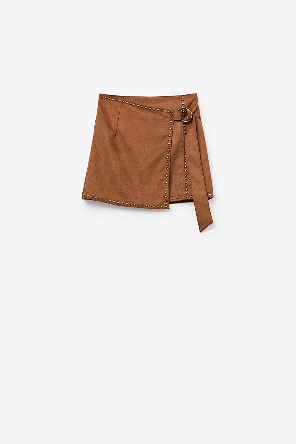 Minifalda camel con tachuelas y detalle de cintur&oacute;n