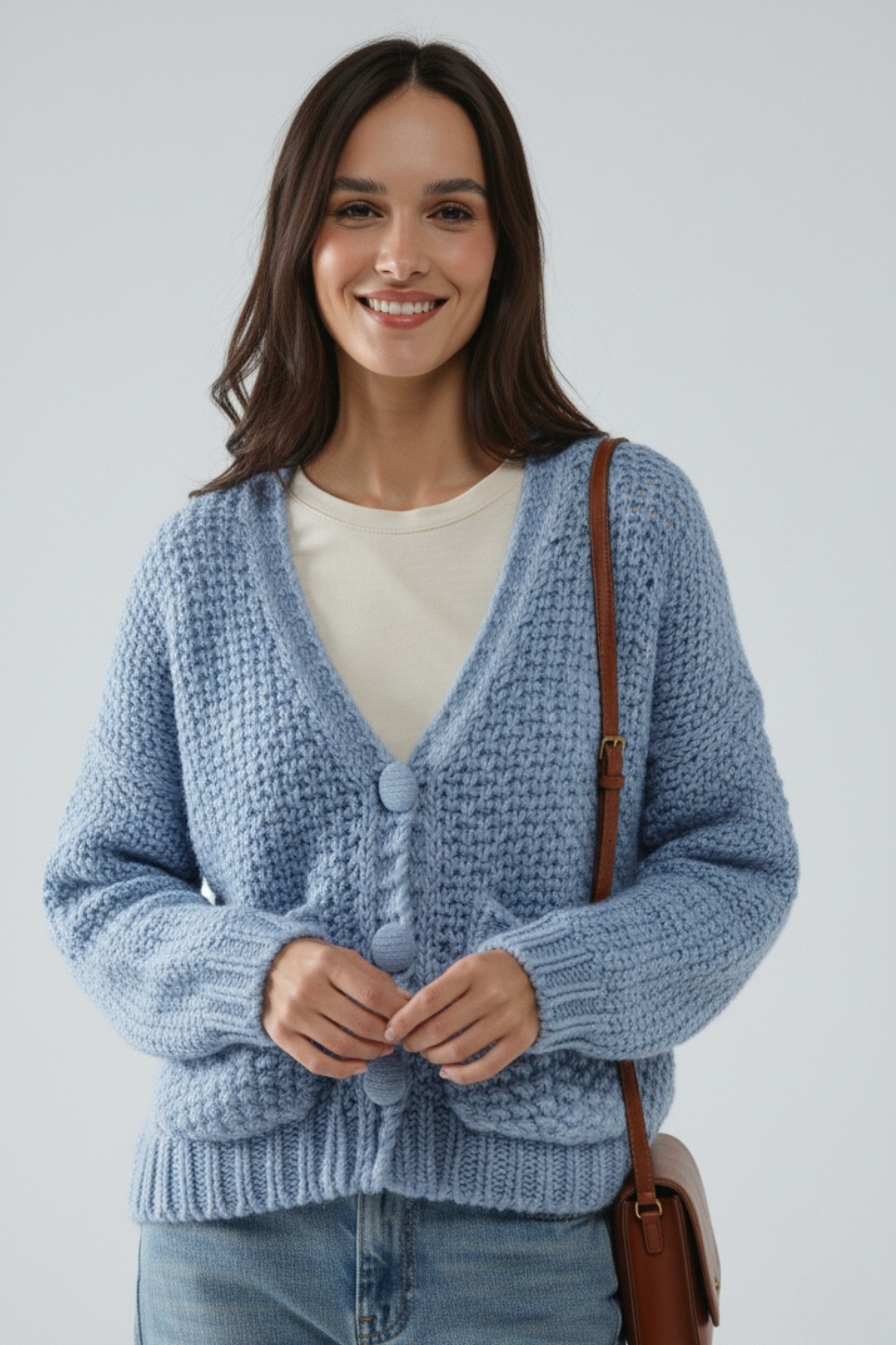 Chaqueta oversize de punto grueso azul claro con bolsillos Chaqueta oversize de punto grueso azul claro con bolsillos