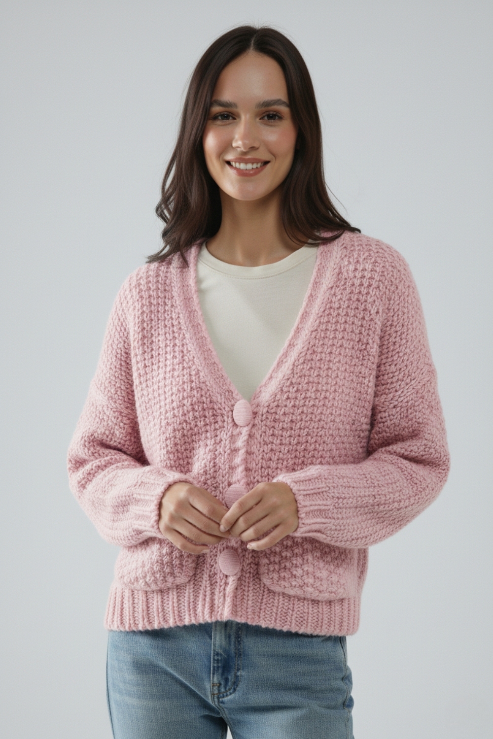 Chaqueta oversize de punto grueso rosa con bolsillos Chaqueta oversize de punto grueso rosa con bolsillos