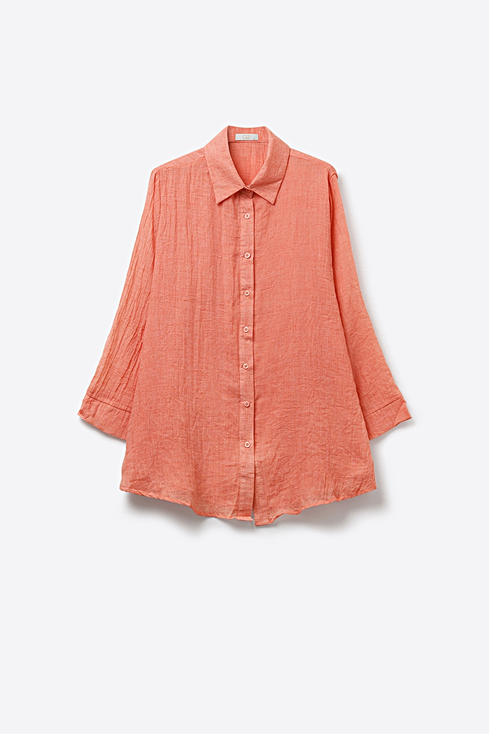 T&uacute;nica de camisa abotonada en coral con tela transparente arrugada