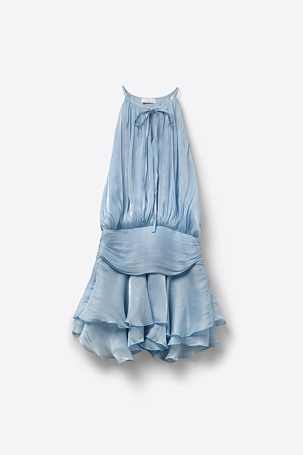 Vestido Mini Cuello Halter Azul Claro con Tela de Chif&oacute;n Brillante