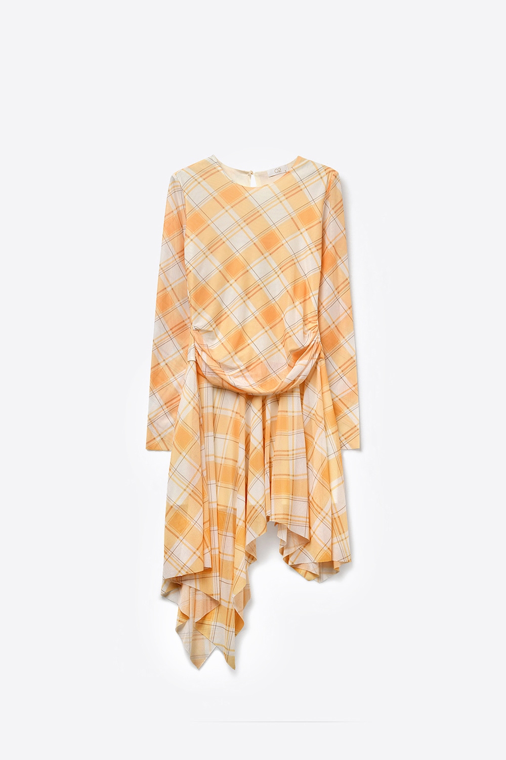 Vestido asim&eacute;trico de manga larga con tela de malla a cuadros en color naranja