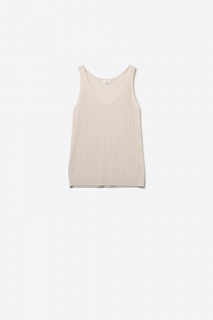 Beige Top de Punto de Canalé con Cuello en V