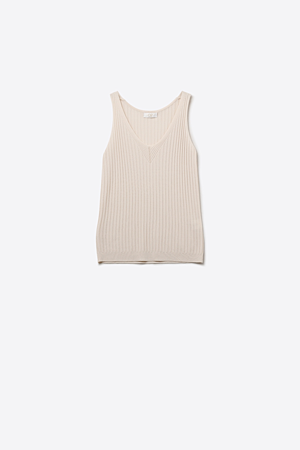 Beige Top de Punto de Canalé con Cuello en V Beige Top de Punto de Canalé con Cuello en V