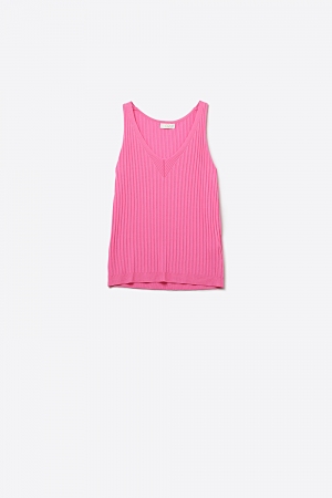 Camiseta de Tirantes de Punto Acanalado Rosa con Cuello en V
