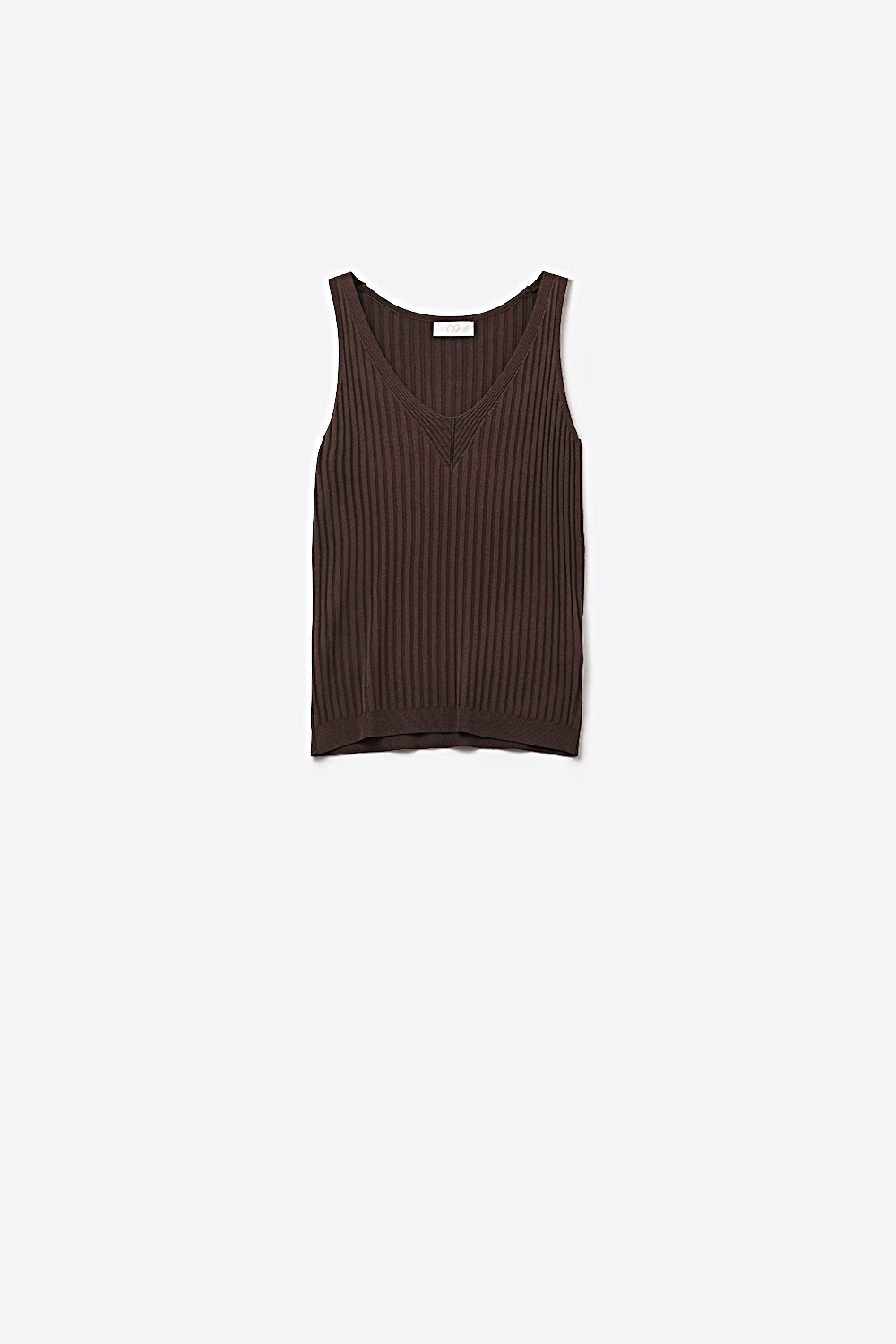 Camiseta de Tirantes de Punto Acanalado Marrón con Cuello en V Camiseta de Tirantes de Punto Acanalado Marrón con Cuello en V